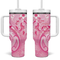 Personalised Memorial Pink Breast Cancer Awareness Tumbler With Handle Plumeria Floral Tribal Pattern LT05 One Size: 40 oz Pink - Polynesian Pride