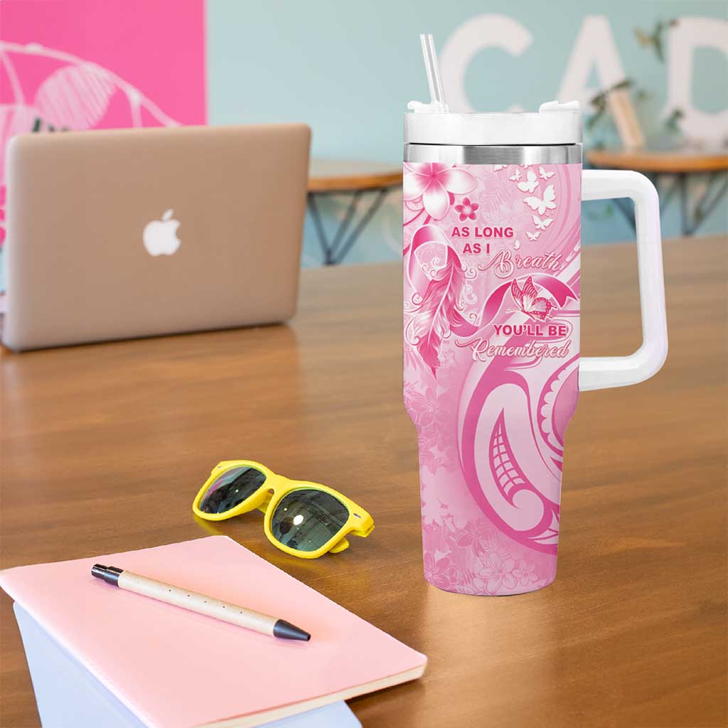 Personalised Memorial Pink Breast Cancer Awareness Tumbler With Handle Plumeria Floral Tribal Pattern LT05 - Polynesian Pride