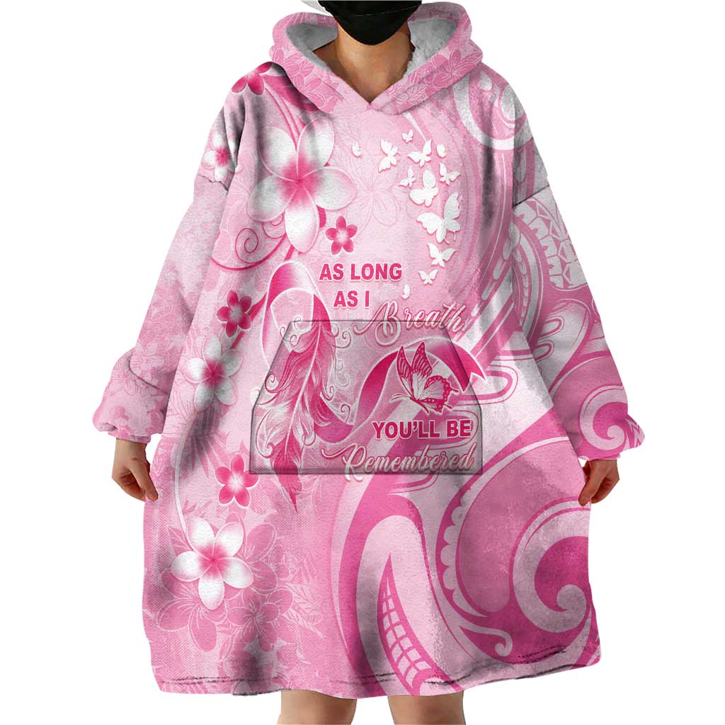 Personalised Memorial Pink Breast Cancer Awareness Wearable Blanket Hoodie Plumeria Floral Tribal Pattern LT05 - Polynesian Pride