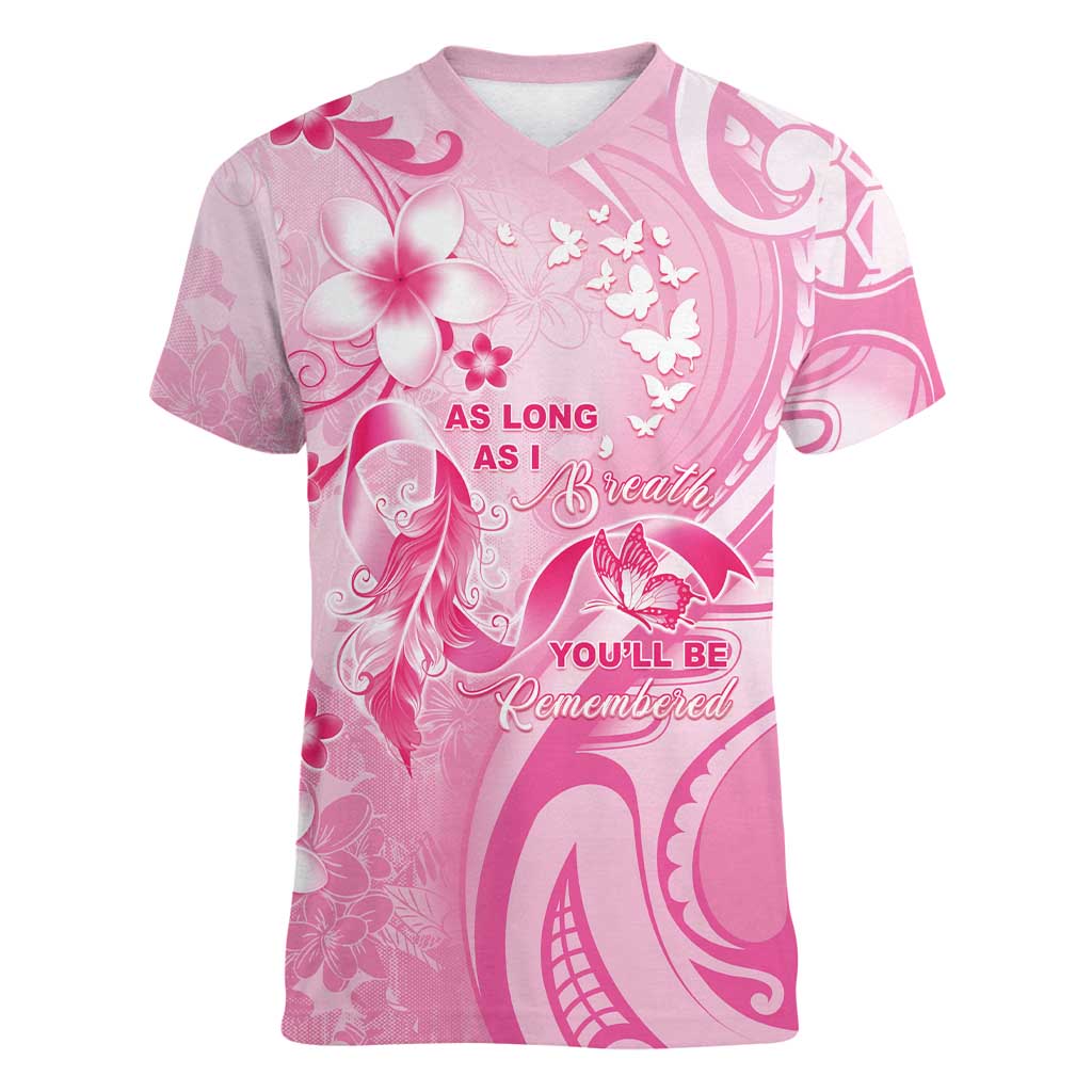 Personalised Memorial Pink Breast Cancer Awareness Women V-Neck T-Shirt Plumeria Floral Tribal Pattern LT05 Female Pink - Polynesian Pride