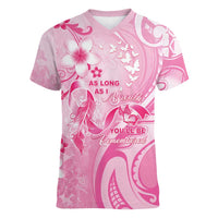 Personalised Memorial Pink Breast Cancer Awareness Women V-Neck T-Shirt Plumeria Floral Tribal Pattern LT05 Female Pink - Polynesian Pride