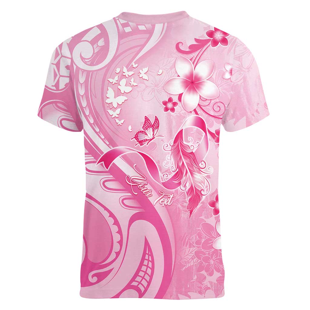 Personalised Memorial Pink Breast Cancer Awareness Women V-Neck T-Shirt Plumeria Floral Tribal Pattern LT05 - Polynesian Pride