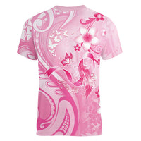 Personalised Memorial Pink Breast Cancer Awareness Women V-Neck T-Shirt Plumeria Floral Tribal Pattern LT05 - Polynesian Pride