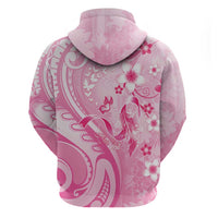 Personalised Memorial Pink Breast Cancer Awareness Zip Hoodie Plumeria Floral Tribal Pattern LT05 - Polynesian Pride