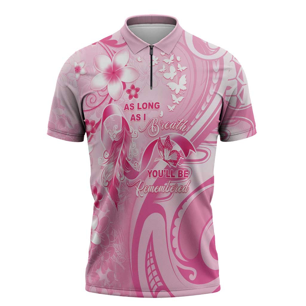 Personalised Memorial Pink Breast Cancer Awareness Zipper Polo Shirt Plumeria Floral Tribal Pattern LT05 Pink - Polynesian Pride