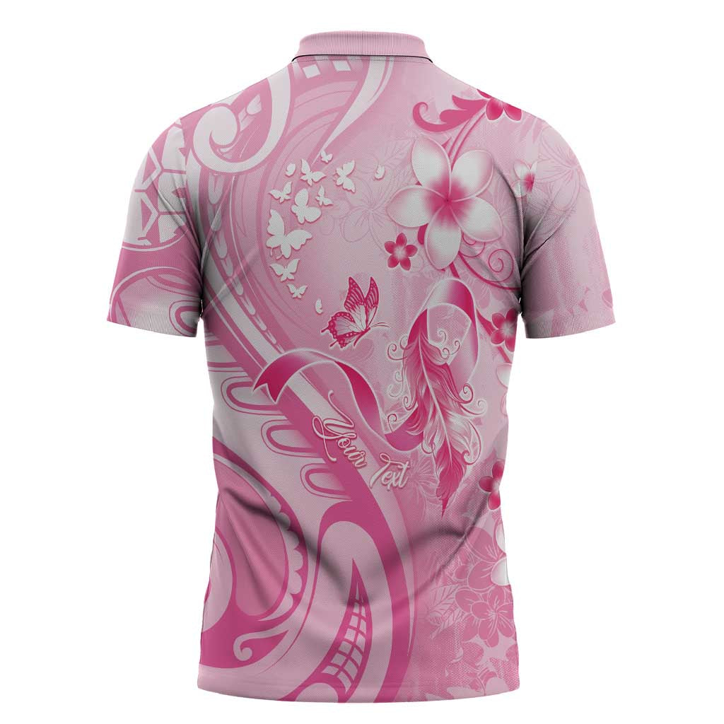 Personalised Memorial Pink Breast Cancer Awareness Zipper Polo Shirt Plumeria Floral Tribal Pattern LT05 - Polynesian Pride