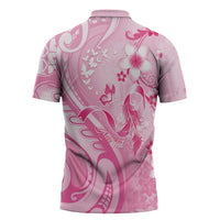 Personalised Memorial Pink Breast Cancer Awareness Zipper Polo Shirt Plumeria Floral Tribal Pattern LT05 - Polynesian Pride
