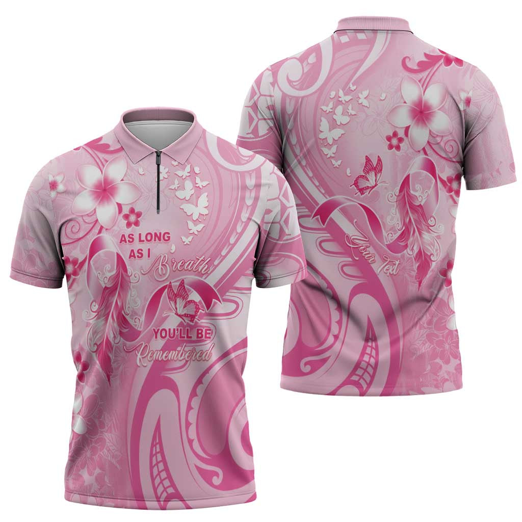 Personalised Memorial Pink Breast Cancer Awareness Zipper Polo Shirt Plumeria Floral Tribal Pattern LT05 - Polynesian Pride