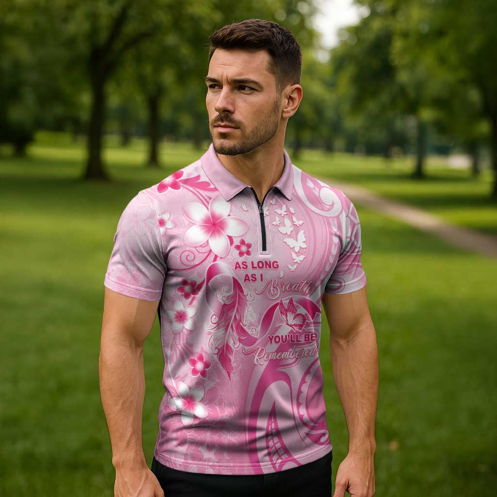 Personalised Memorial Pink Breast Cancer Awareness Zipper Polo Shirt Plumeria Floral Tribal Pattern LT05 - Polynesian Pride
