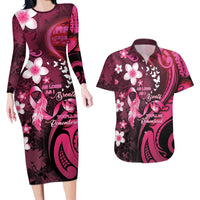 Personalised Memorial Breast Cancer Awareness Couples Matching Long Sleeve Bodycon Dress and Hawaiian Shirt Plumeria Floral Tribal Pattern LT05 Black - Polynesian Pride