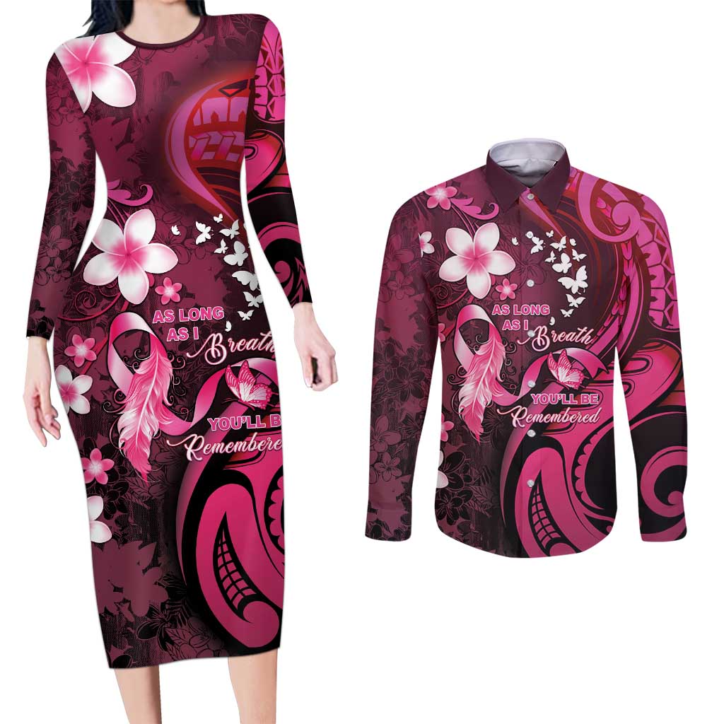 Personalised Memorial Breast Cancer Awareness Couples Matching Long Sleeve Bodycon Dress and Long Sleeve Button Shirt Plumeria Floral Tribal Pattern LT05 Black - Polynesian Pride