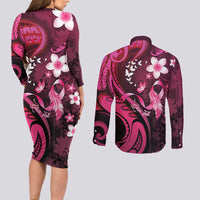 Personalised Memorial Breast Cancer Awareness Couples Matching Long Sleeve Bodycon Dress and Long Sleeve Button Shirt Plumeria Floral Tribal Pattern LT05 - Polynesian Pride
