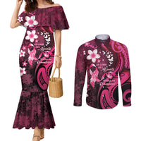 Personalised Memorial Breast Cancer Awareness Couples Matching Mermaid Dress and Long Sleeve Button Shirt Plumeria Floral Tribal Pattern LT05 Black - Polynesian Pride