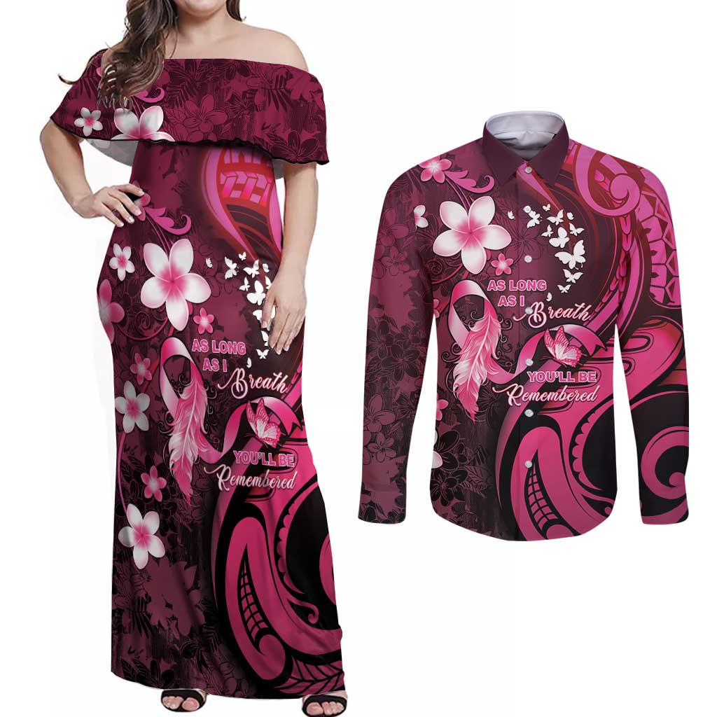 Personalised Memorial Breast Cancer Awareness Couples Matching Off Shoulder Maxi Dress and Long Sleeve Button Shirt Plumeria Floral Tribal Pattern LT05 Black - Polynesian Pride
