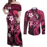 Personalised Memorial Breast Cancer Awareness Couples Matching Off Shoulder Maxi Dress and Long Sleeve Button Shirt Plumeria Floral Tribal Pattern LT05 Black - Polynesian Pride