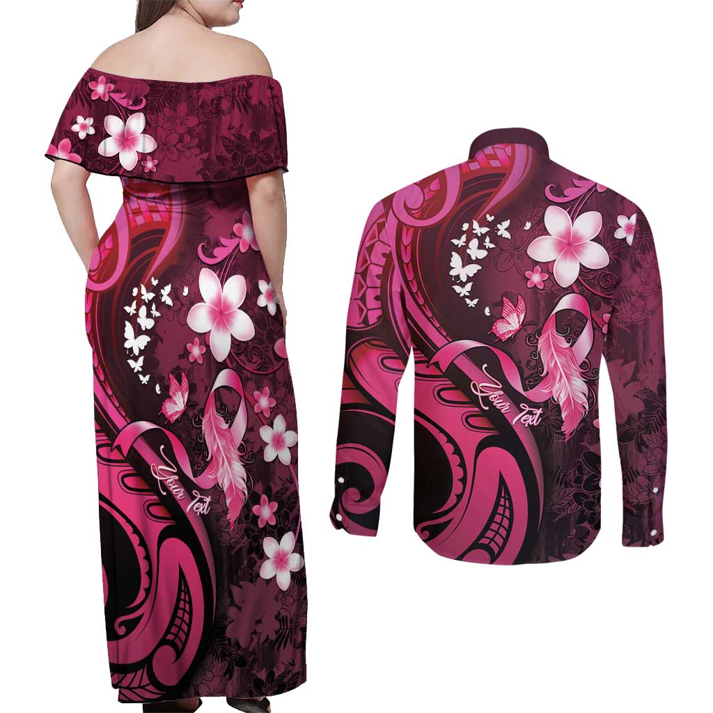 Personalised Memorial Breast Cancer Awareness Couples Matching Off Shoulder Maxi Dress and Long Sleeve Button Shirt Plumeria Floral Tribal Pattern LT05 - Polynesian Pride