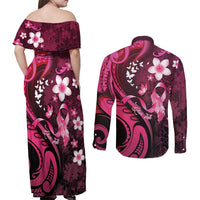 Personalised Memorial Breast Cancer Awareness Couples Matching Off Shoulder Maxi Dress and Long Sleeve Button Shirt Plumeria Floral Tribal Pattern LT05 - Polynesian Pride