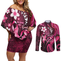 Personalised Memorial Breast Cancer Awareness Couples Matching Off Shoulder Short Dress and Long Sleeve Button Shirt Plumeria Floral Tribal Pattern LT05 Black - Polynesian Pride