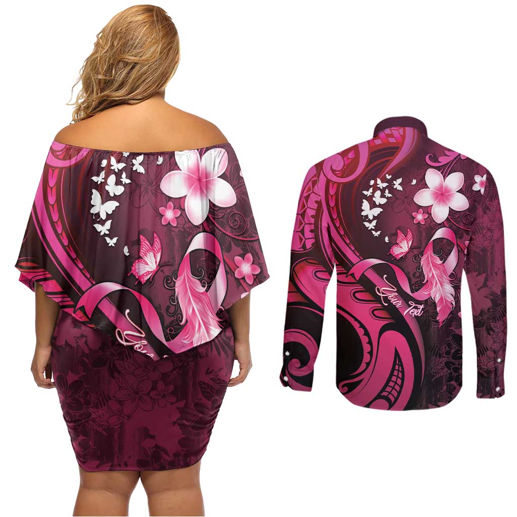 Personalised Memorial Breast Cancer Awareness Couples Matching Off Shoulder Short Dress and Long Sleeve Button Shirt Plumeria Floral Tribal Pattern LT05 - Polynesian Pride
