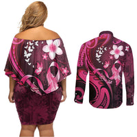 Personalised Memorial Breast Cancer Awareness Couples Matching Off Shoulder Short Dress and Long Sleeve Button Shirt Plumeria Floral Tribal Pattern LT05 - Polynesian Pride