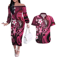 Personalised Memorial Breast Cancer Awareness Couples Matching Off The Shoulder Long Sleeve Dress and Hawaiian Shirt Plumeria Floral Tribal Pattern LT05 Black - Polynesian Pride