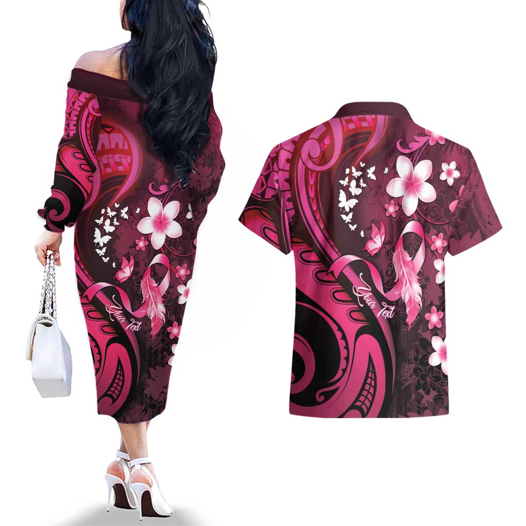 Personalised Memorial Breast Cancer Awareness Couples Matching Off The Shoulder Long Sleeve Dress and Hawaiian Shirt Plumeria Floral Tribal Pattern LT05 - Polynesian Pride