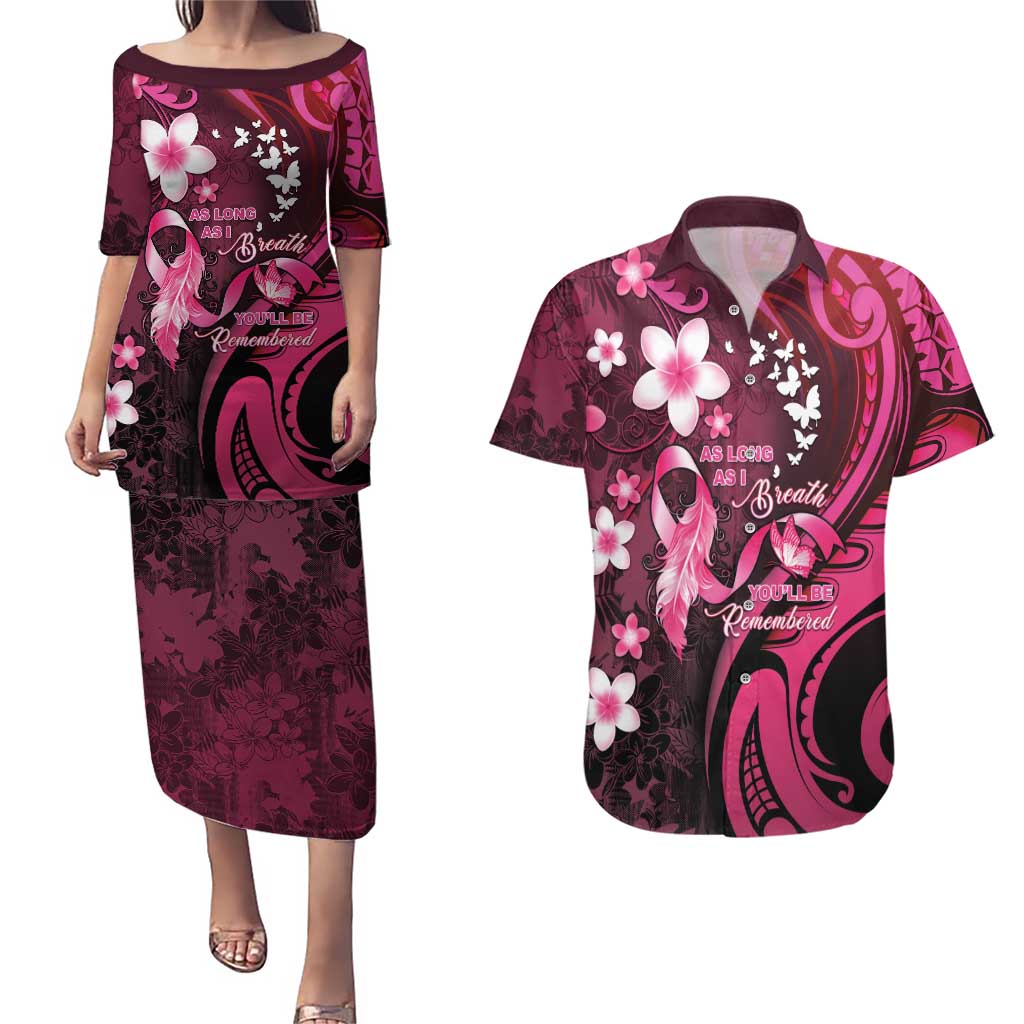 Personalised Memorial Breast Cancer Awareness Couples Matching Puletasi and Hawaiian Shirt Plumeria Floral Tribal Pattern LT05 Black - Polynesian Pride
