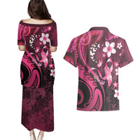 Personalised Memorial Breast Cancer Awareness Couples Matching Puletasi and Hawaiian Shirt Plumeria Floral Tribal Pattern LT05 - Polynesian Pride