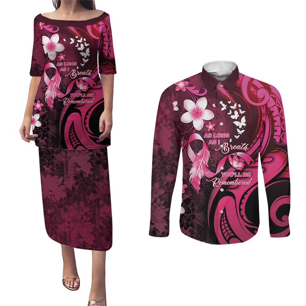 Personalised Memorial Breast Cancer Awareness Couples Matching Puletasi and Long Sleeve Button Shirt Plumeria Floral Tribal Pattern LT05 Black - Polynesian Pride