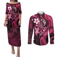 Personalised Memorial Breast Cancer Awareness Couples Matching Puletasi and Long Sleeve Button Shirt Plumeria Floral Tribal Pattern LT05 Black - Polynesian Pride
