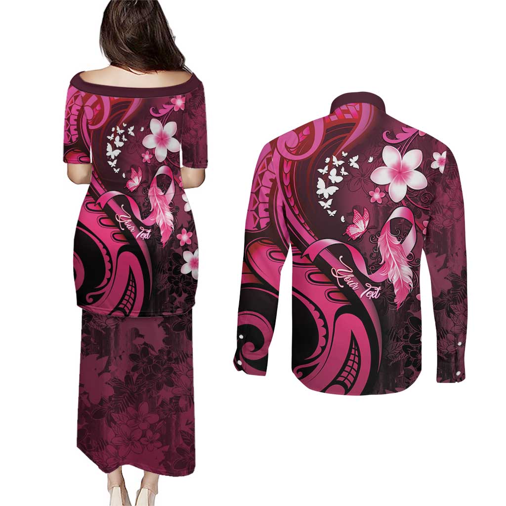 Personalised Memorial Breast Cancer Awareness Couples Matching Puletasi and Long Sleeve Button Shirt Plumeria Floral Tribal Pattern LT05 - Polynesian Pride