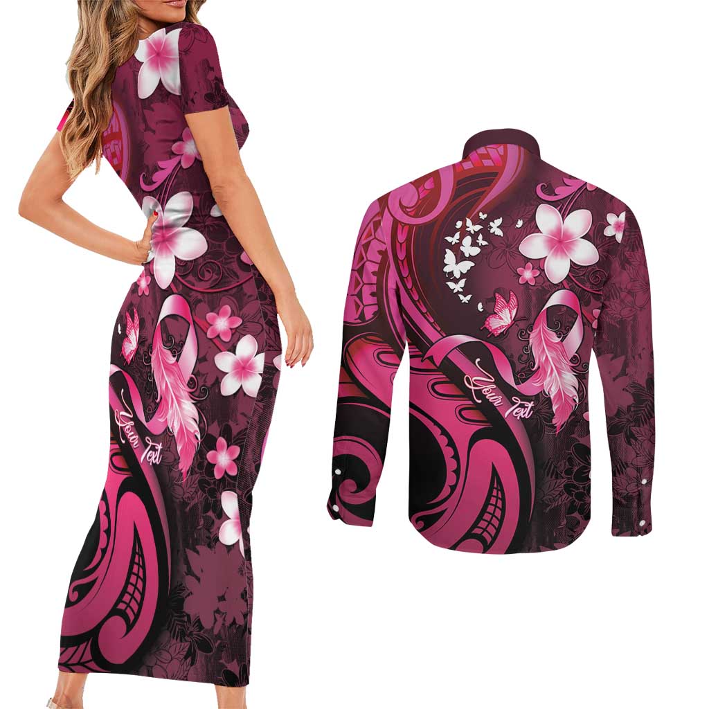 Personalised Memorial Breast Cancer Awareness Couples Matching Short Sleeve Bodycon Dress and Long Sleeve Button Shirt Plumeria Floral Tribal Pattern LT05 - Polynesian Pride