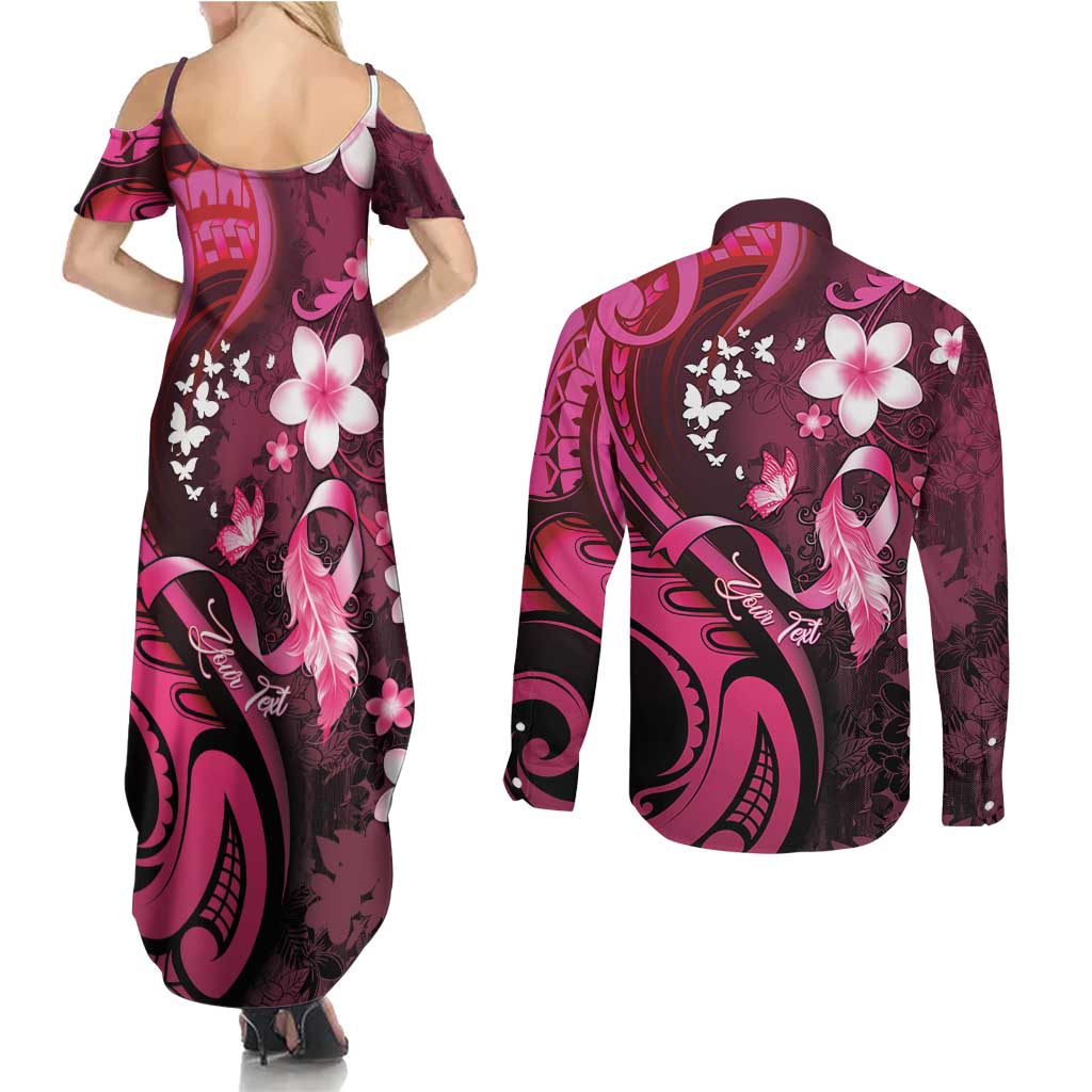 Personalised Memorial Breast Cancer Awareness Couples Matching Summer Maxi Dress and Long Sleeve Button Shirt Plumeria Floral Tribal Pattern LT05 - Polynesian Pride