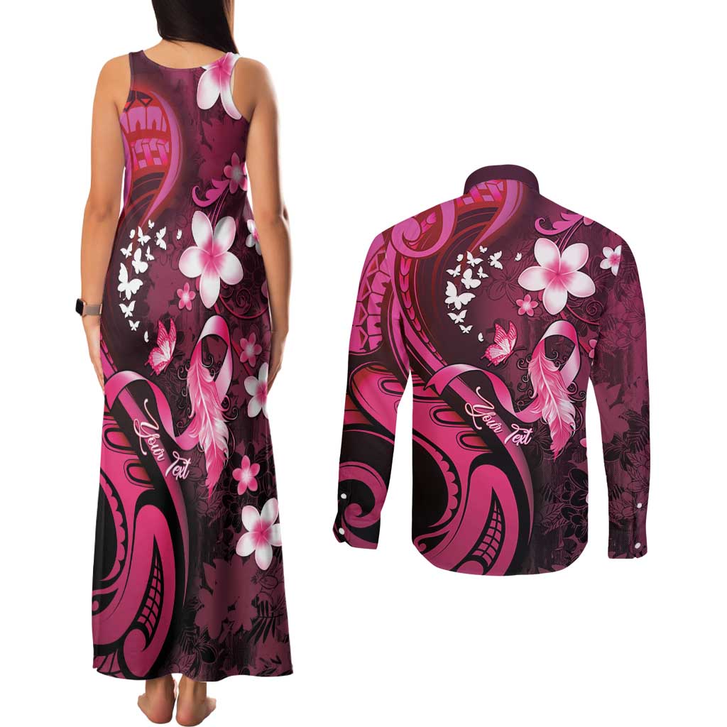 Personalised Memorial Breast Cancer Awareness Couples Matching Tank Maxi Dress and Long Sleeve Button Shirt Plumeria Floral Tribal Pattern LT05 - Polynesian Pride