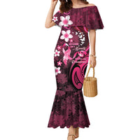 Personalised Memorial Breast Cancer Awareness Family Matching Mermaid Dress and Hawaiian Shirt Plumeria Floral Tribal Pattern LT05 Mom's Dress Black - Polynesian Pride