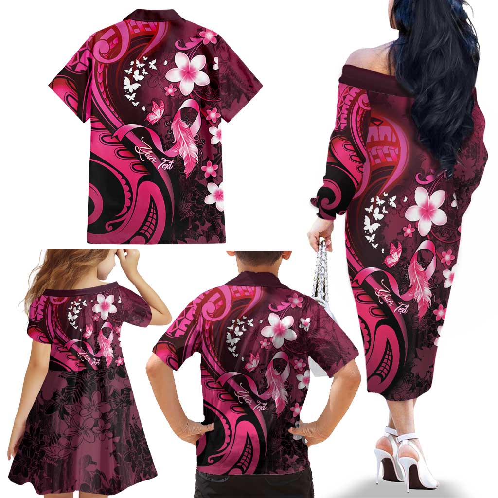 Personalised Memorial Breast Cancer Awareness Family Matching Off The Shoulder Long Sleeve Dress and Hawaiian Shirt Plumeria Floral Tribal Pattern LT05 - Polynesian Pride