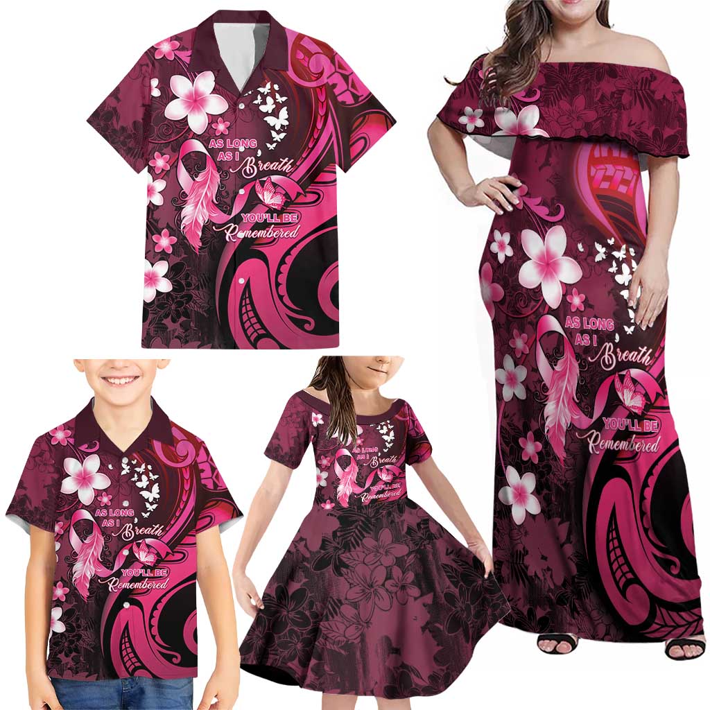 Personalised Memorial Breast Cancer Awareness Family Matching Off Shoulder Maxi Dress and Hawaiian Shirt Plumeria Floral Tribal Pattern - Polynesian Pride