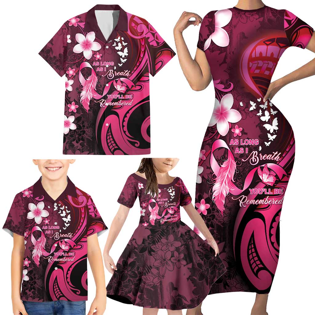 Personalised Memorial Breast Cancer Awareness Family Matching Short Sleeve Bodycon Dress and Hawaiian Shirt Plumeria Floral Tribal Pattern - Polynesian Pride