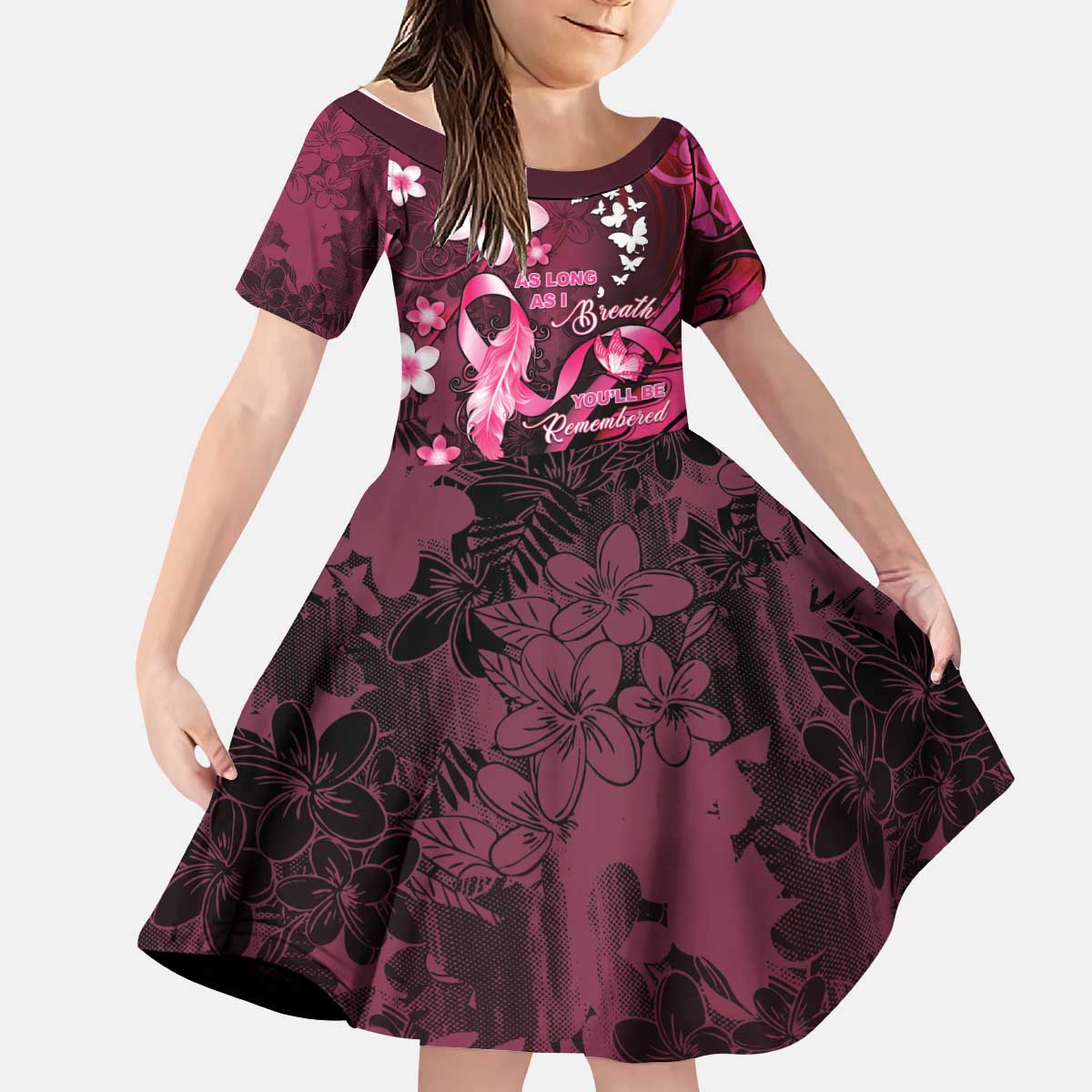 Personalised Memorial Breast Cancer Awareness Kid Short Sleeve Dress Plumeria Floral Tribal Pattern LT05 KID Black - Polynesian Pride