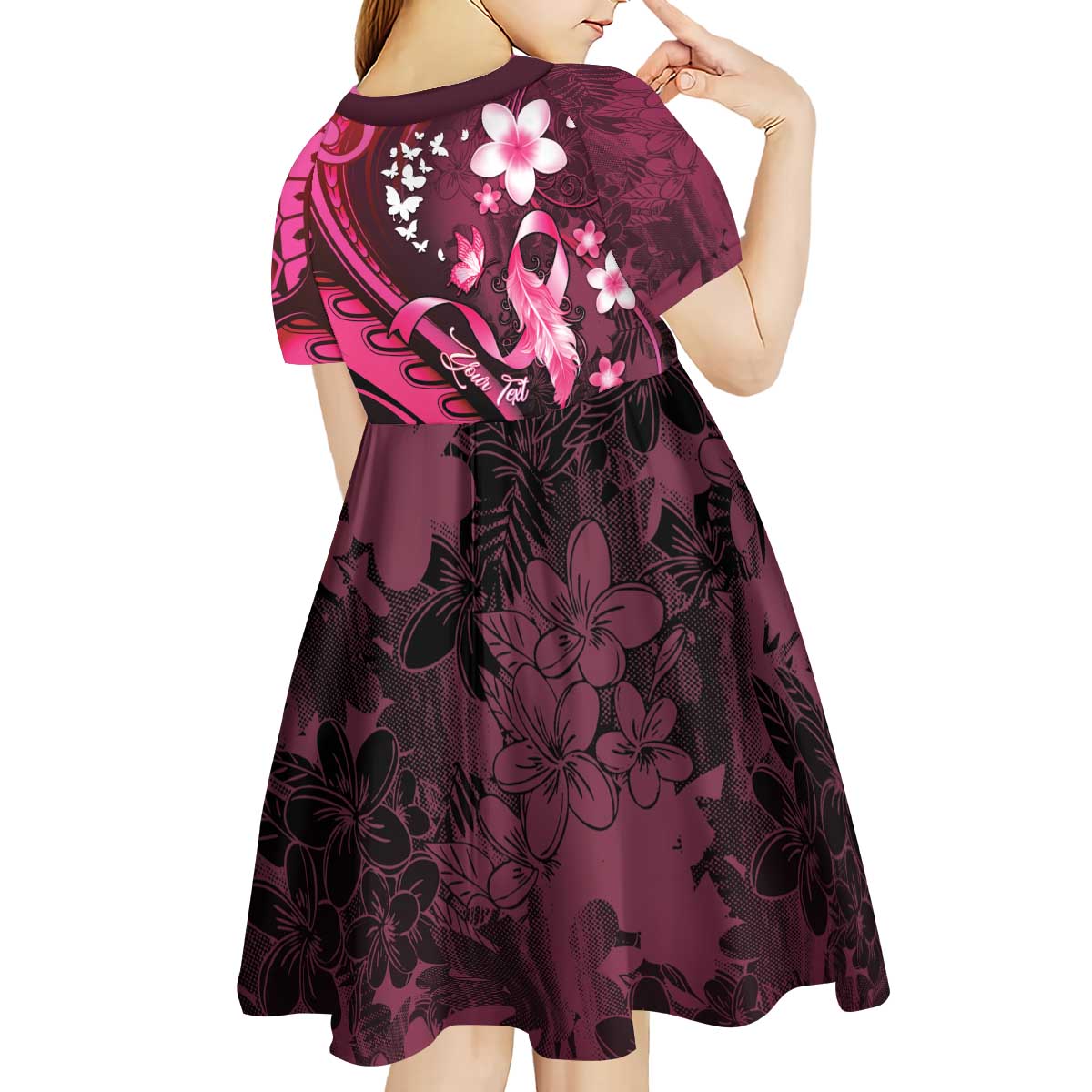 Personalised Memorial Breast Cancer Awareness Kid Short Sleeve Dress Plumeria Floral Tribal Pattern LT05 - Polynesian Pride