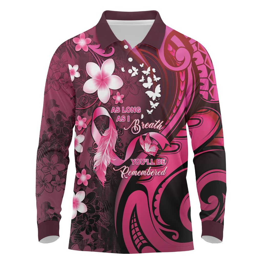 Personalised Memorial Breast Cancer Awareness Long Sleeve Polo Shirt Plumeria Floral Tribal Pattern LT05 Black - Polynesian Pride