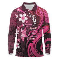 Personalised Memorial Breast Cancer Awareness Long Sleeve Polo Shirt Plumeria Floral Tribal Pattern LT05 Black - Polynesian Pride
