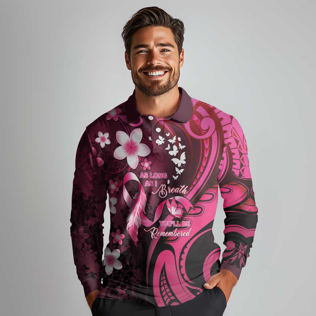 Personalised Memorial Breast Cancer Awareness Long Sleeve Polo Shirt Plumeria Floral Tribal Pattern LT05 - Polynesian Pride
