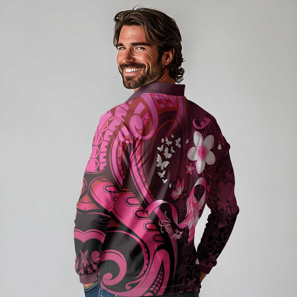Personalised Memorial Breast Cancer Awareness Long Sleeve Polo Shirt Plumeria Floral Tribal Pattern LT05 - Polynesian Pride