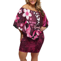 Personalised Memorial Breast Cancer Awareness Off Shoulder Short Dress Plumeria Floral Tribal Pattern LT05 Women Black - Polynesian Pride