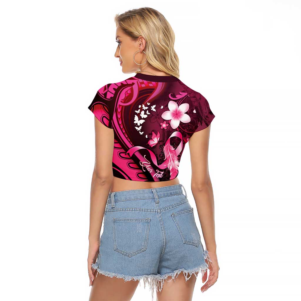 Personalised Memorial Breast Cancer Awareness Raglan Cropped T Shirt Plumeria Floral Tribal Pattern LT05 - Polynesian Pride