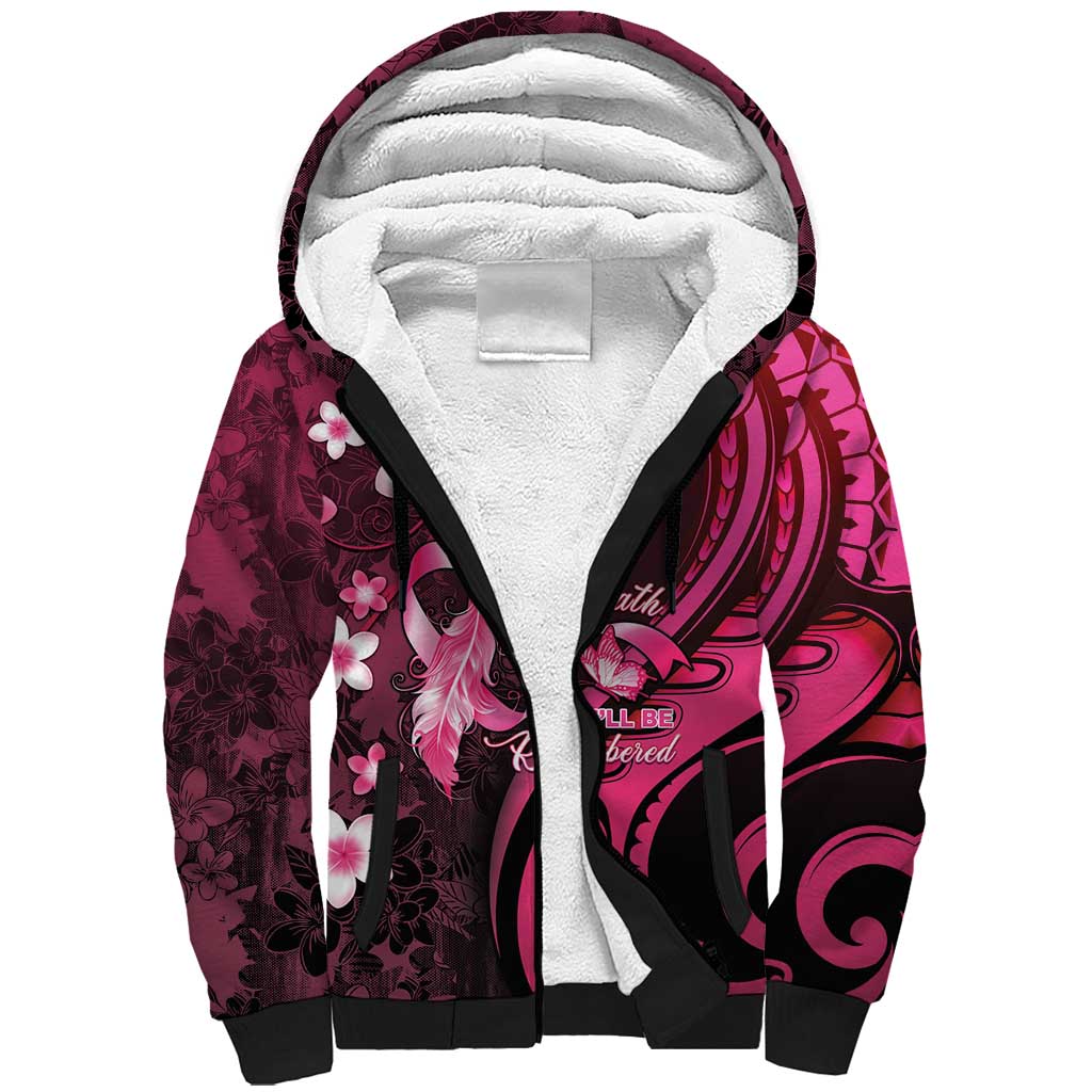 Personalised Memorial Breast Cancer Awareness Sherpa Hoodie Plumeria Floral Tribal Pattern LT05 Unisex Black - Polynesian Pride