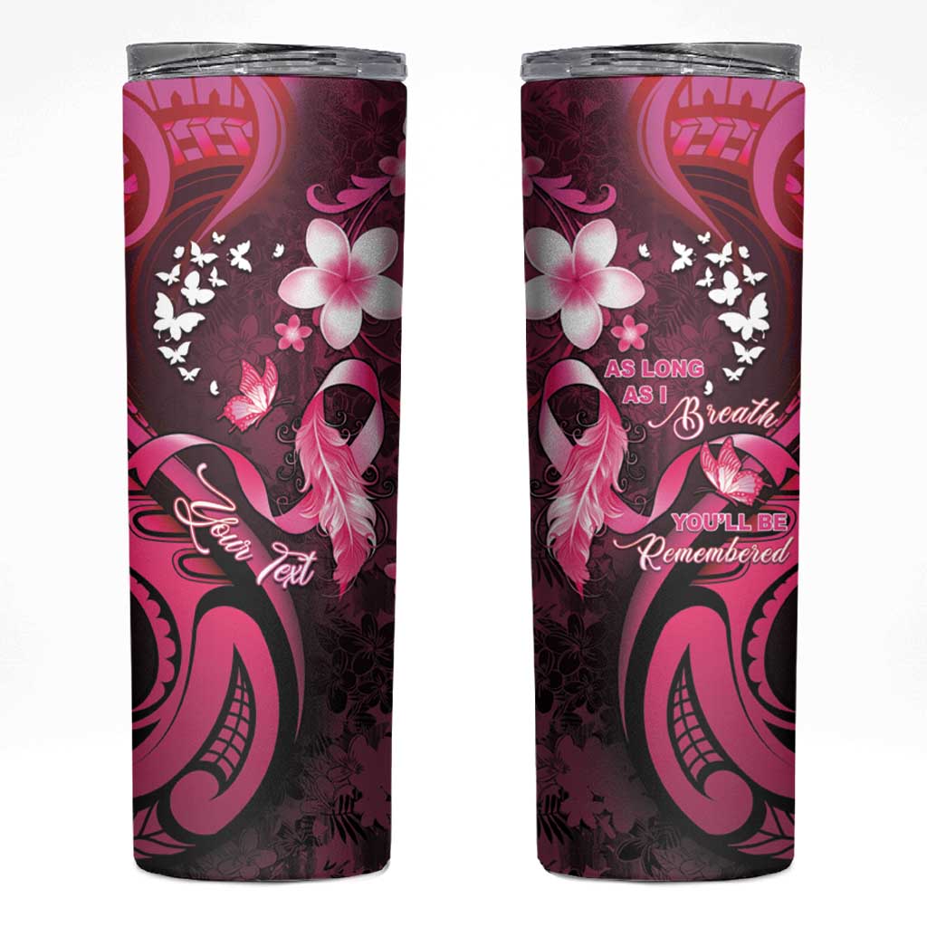 Personalised Memorial Breast Cancer Awareness Skinny Tumbler Plumeria Floral Tribal Pattern LT05 Black - Polynesian Pride