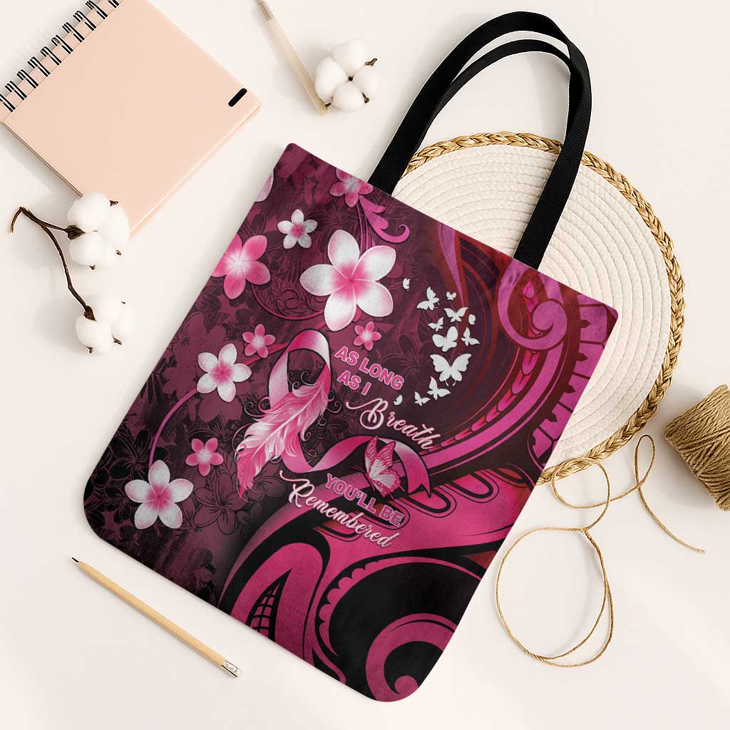 Memorial Breast Cancer Awareness Tote Bag Plumeria Floral Tribal Pattern - Polynesian Pride