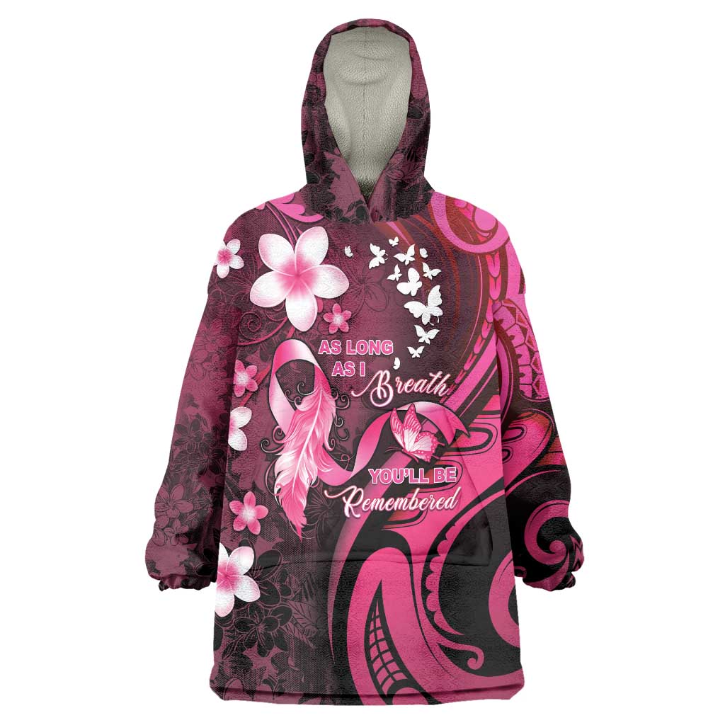 Personalised Memorial Breast Cancer Awareness Wearable Blanket Hoodie Plumeria Floral Tribal Pattern LT05 One Size Black - Polynesian Pride